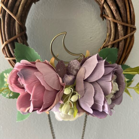Handmade Floral Mini Wreath with Crystals, Moon & Chain Drop 6” Purple Pink - Picture 2 of 7